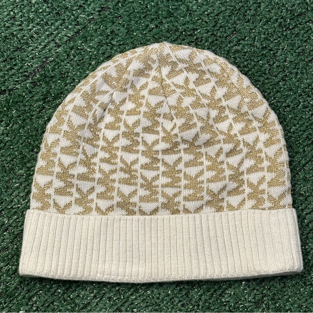 Michael Kors Logo Beanie Women's Hat Cap Cream Gold Metallic OS Lightweight
